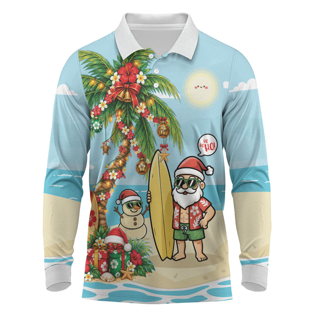 Hawaii Christmas Mele Kalikimaka Long Sleeve Polo Shirt Festive Palm Chilling Santa With Surfboard LT14 Blue - Polynesian Pride
