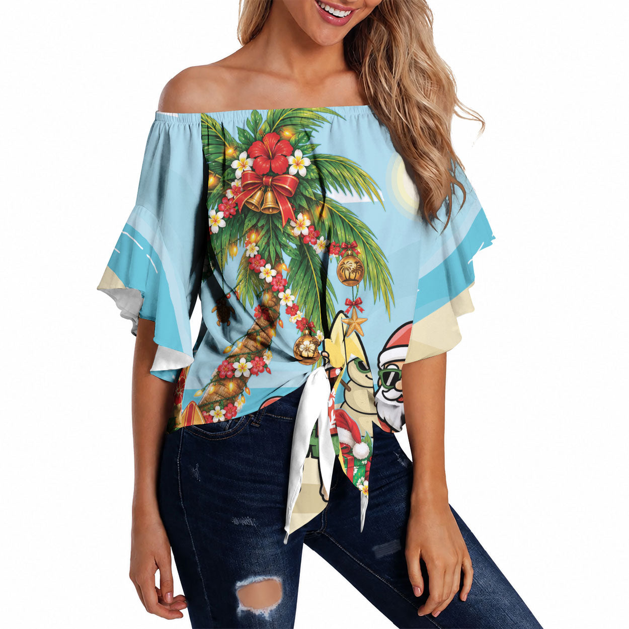 Hawaii Christmas Mele Kalikimaka Off Shoulder Wrap Waist Top Festive Palm Chilling Santa With Surfboard LT14 Blue - Polynesian Pride