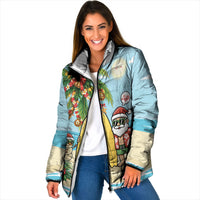 Hawaii Christmas Mele Kalikimaka Padded Jacket Festive Palm Chilling Santa With Surfboard LT14 Women Blue - Polynesian Pride