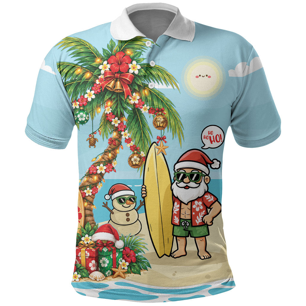 Hawaii Christmas Mele Kalikimaka Polo Shirt Festive Palm Chilling Santa With Surfboard LT14 Blue - Polynesian Pride