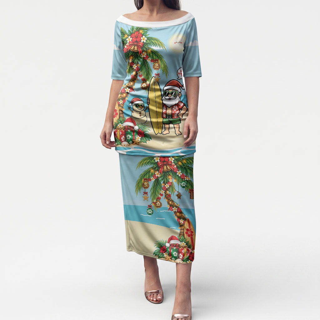 Hawaii Christmas Mele Kalikimaka Puletasi Festive Palm Chilling Santa With Surfboard LT14 Long Dress Blue - Polynesian Pride