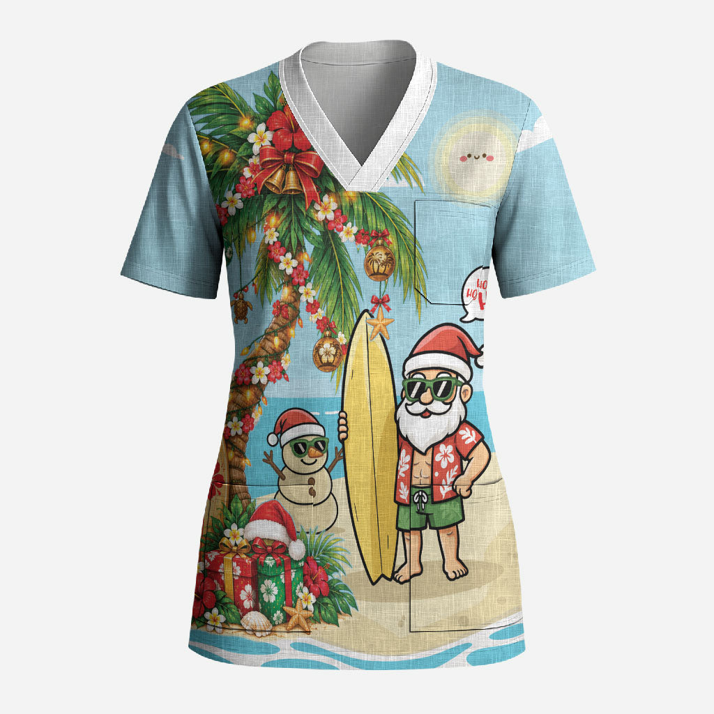 Hawaii Christmas Mele Kalikimaka Scrub Top Festive Palm Chilling Santa With Surfboard LT14 Adult Blue - Polynesian Pride