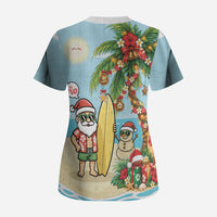 Hawaii Christmas Mele Kalikimaka Scrub Top Festive Palm Chilling Santa With Surfboard LT14 - Polynesian Pride