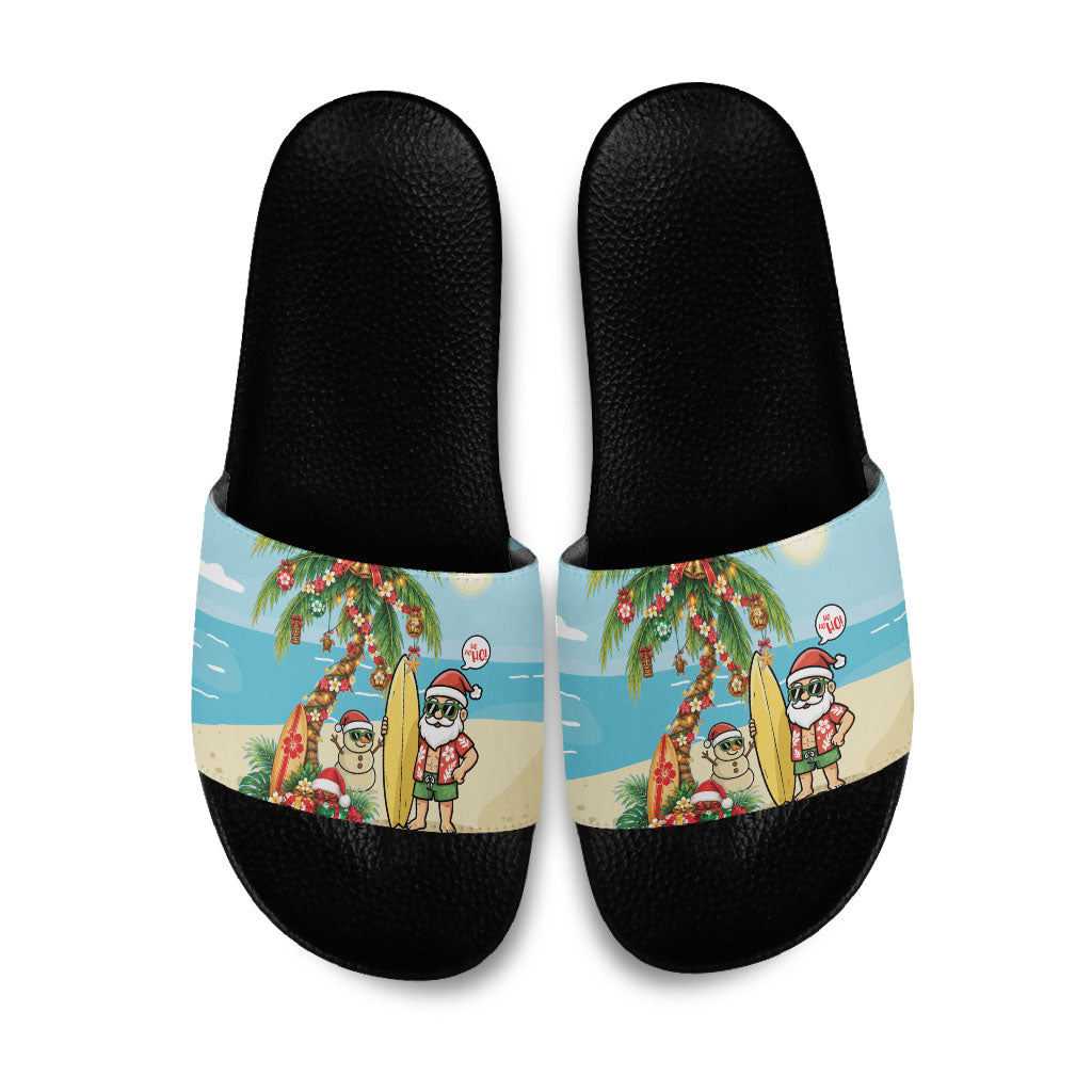 Hawaii Christmas Mele Kalikimaka Slide Sandals Festive Palm Chilling Santa With Surfboard LT14 Blue - Polynesian Pride