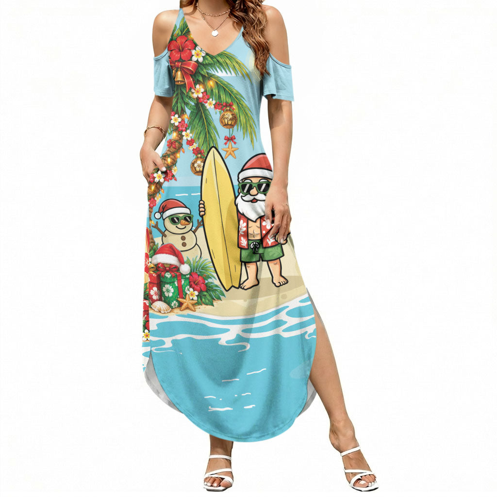 Hawaii Christmas Mele Kalikimaka Summer Maxi Dress Festive Palm Chilling Santa With Surfboard LT14 Women Blue - Polynesian Pride