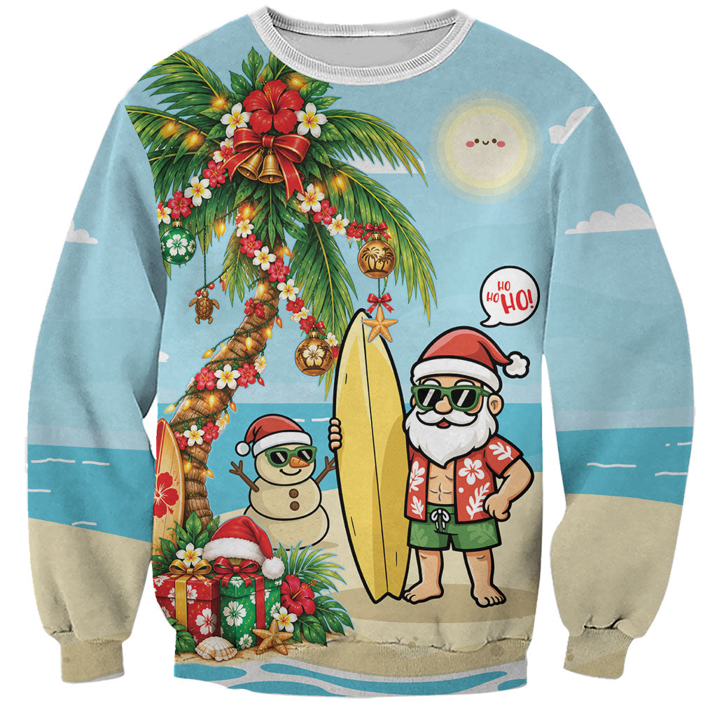 Hawaii Christmas Mele Kalikimaka Sweatshirt Festive Palm Chilling Santa With Surfboard LT14 Unisex Blue - Polynesian Pride