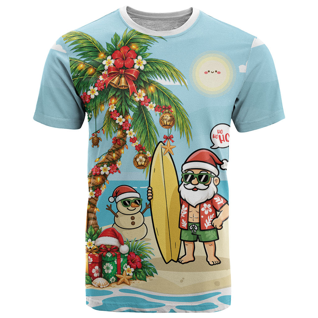 Hawaii Christmas Mele Kalikimaka T Shirt Festive Palm Chilling Santa With Surfboard LT14 Blue - Polynesian Pride