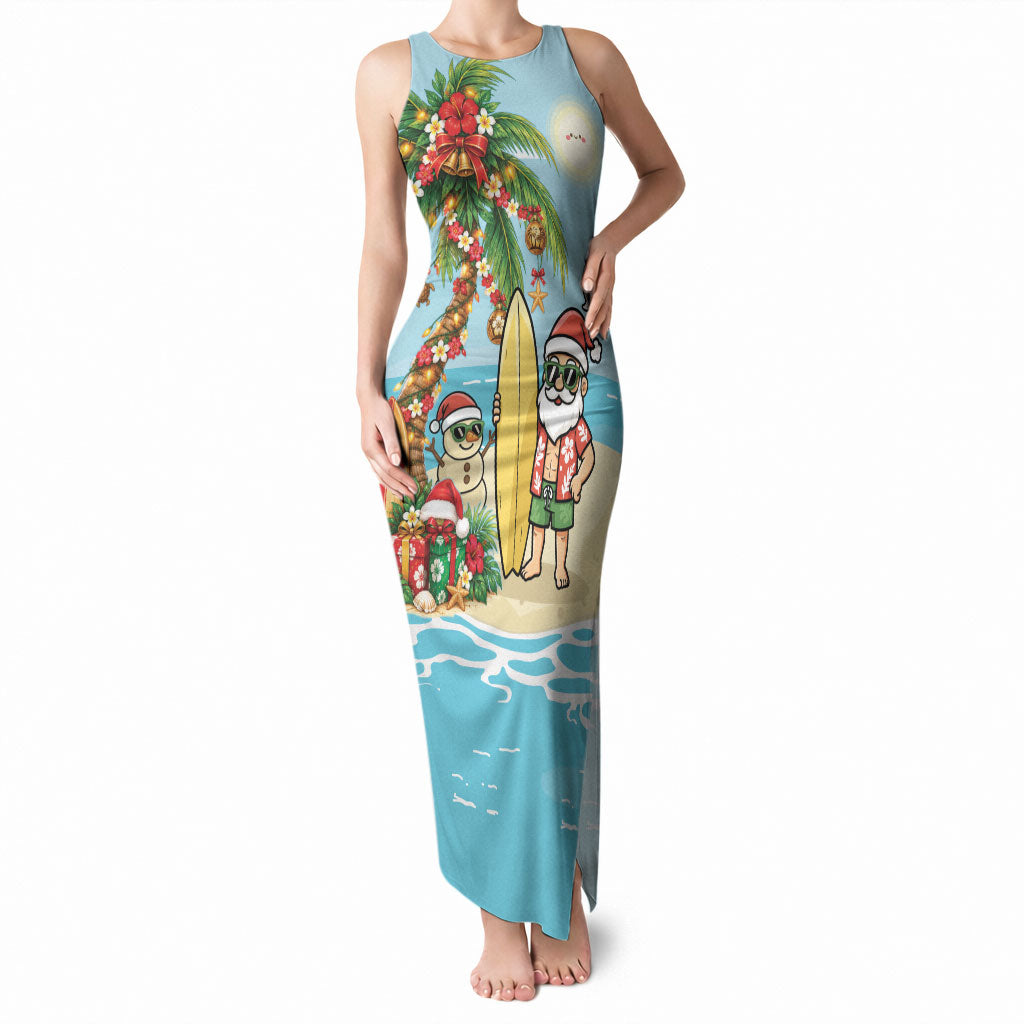 Hawaii Christmas Mele Kalikimaka Tank Maxi Dress Festive Palm Chilling Santa With Surfboard LT14 Women Blue - Polynesian Pride