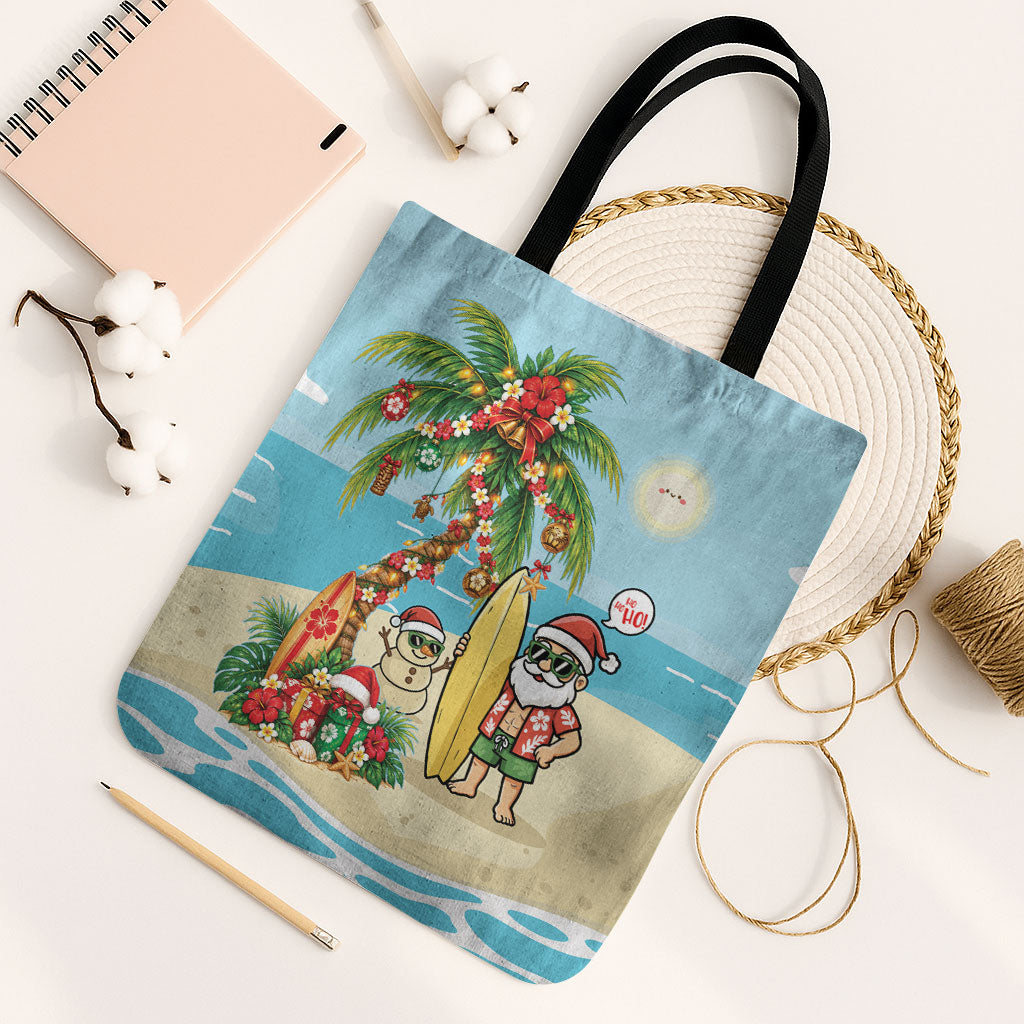 Hawaii Christmas Mele Kalikimaka Tote Bag Festive Palm Chilling Santa With Surfboard LT14 Black Strap One Size Blue - Polynesian Pride