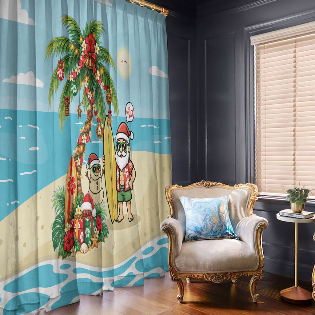 Hawaii Christmas Mele Kalikimaka Window Curtain Festive Palm Chilling Santa With Surfboard LT14 - Polynesian Pride