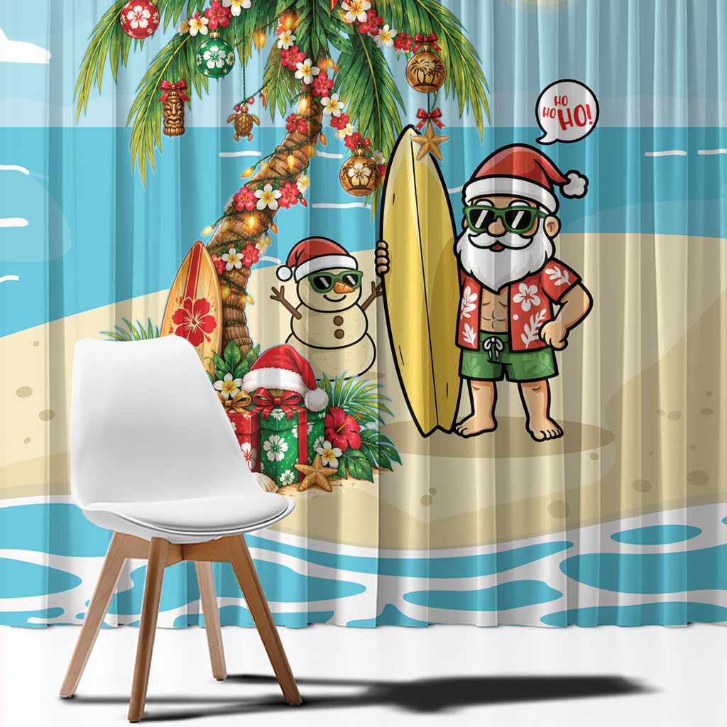 Hawaii Christmas Mele Kalikimaka Window Curtain Festive Palm Chilling Santa With Surfboard LT14 - Polynesian Pride