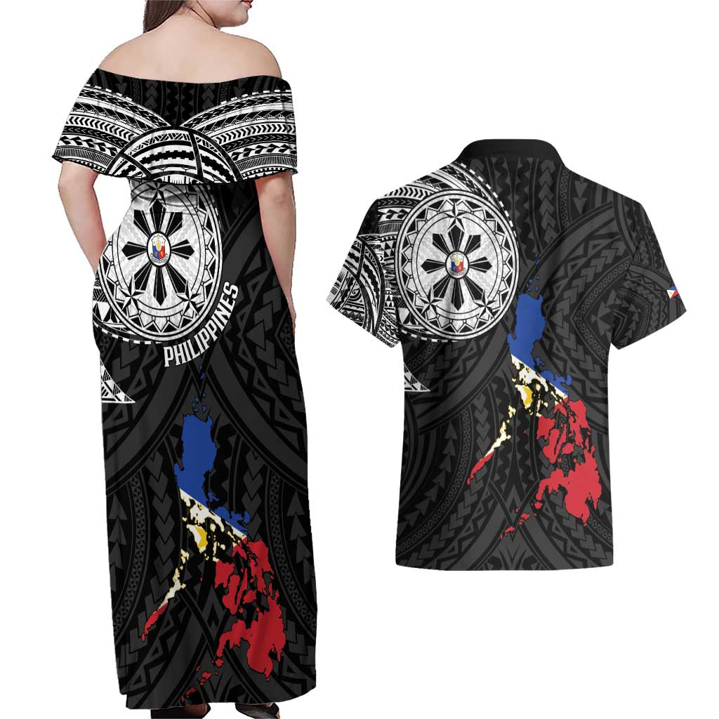 Philippines Strong Couples Matching Off Shoulder Maxi Dress and Hawaiian Shirt Filipino Map Polynesian Tattoo - Polynesian Pride