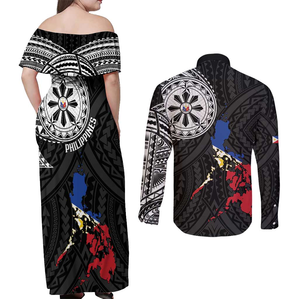 Philippines Strong Couples Matching Off Shoulder Maxi Dress and Long Sleeve Button Shirt Filipino Map Polynesian Tattoo - Polynesian Pride