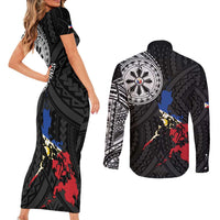 Philippines Strong Couples Matching Short Sleeve Bodycon Dress and Long Sleeve Button Shirt Filipino Map Polynesian Tattoo - Polynesian Pride