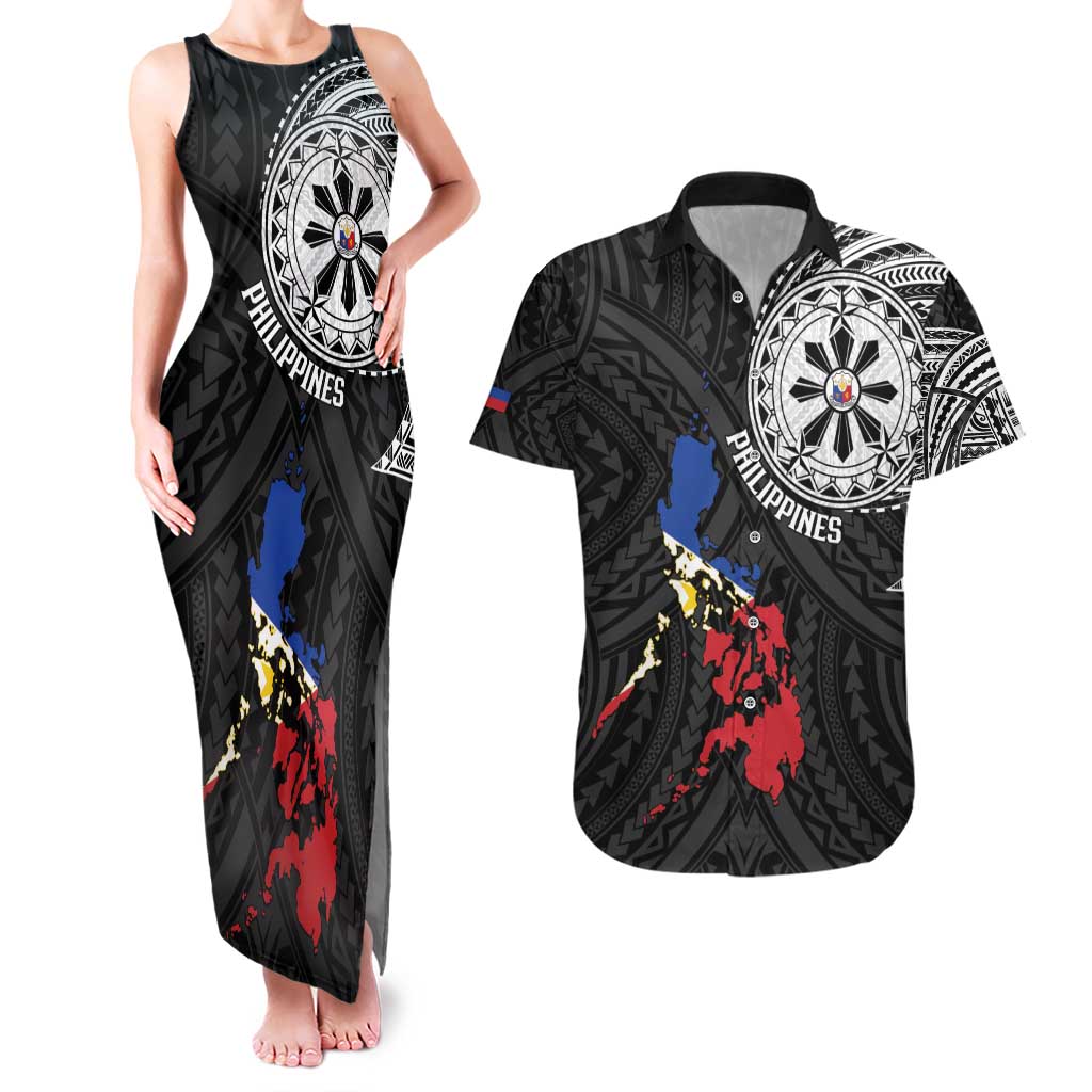 Philippines Strong Couples Matching Tank Maxi Dress and Hawaiian Shirt Filipino Map Polynesian Tattoo - Polynesian Pride
