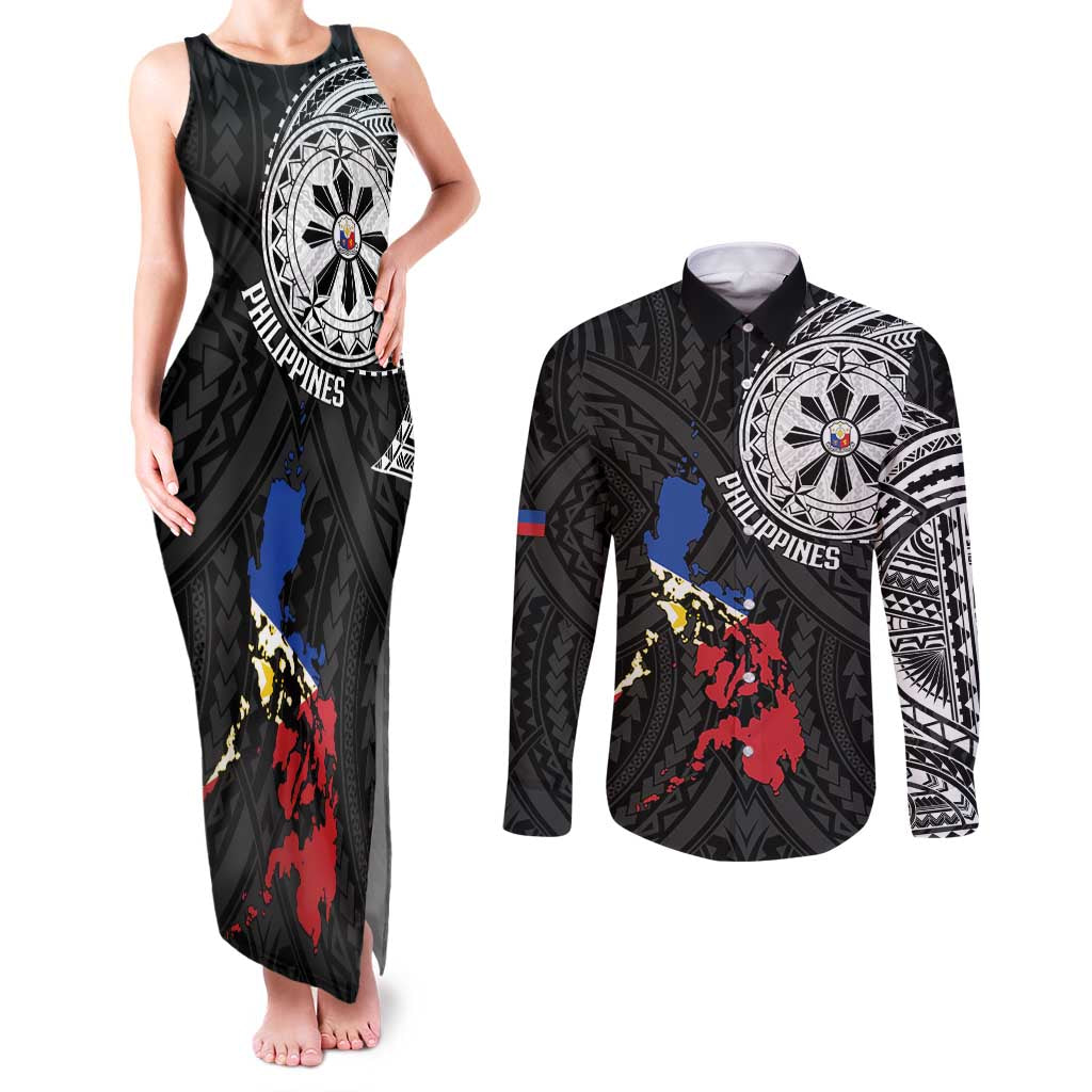 Philippines Strong Couples Matching Tank Maxi Dress and Long Sleeve Button Shirt Filipino Map Polynesian Tattoo - Polynesian Pride