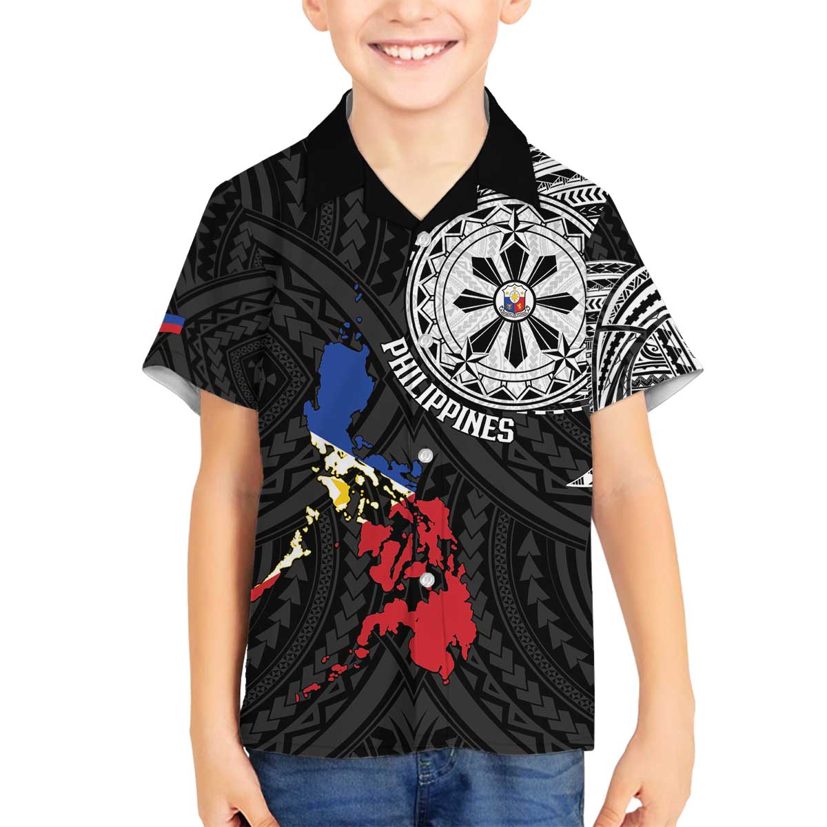 Philippines Strong Family Matching Off The Shoulder Long Sleeve Dress and Hawaiian Shirt Filipino Map Polynesian Tattoo - Polynesian Pride