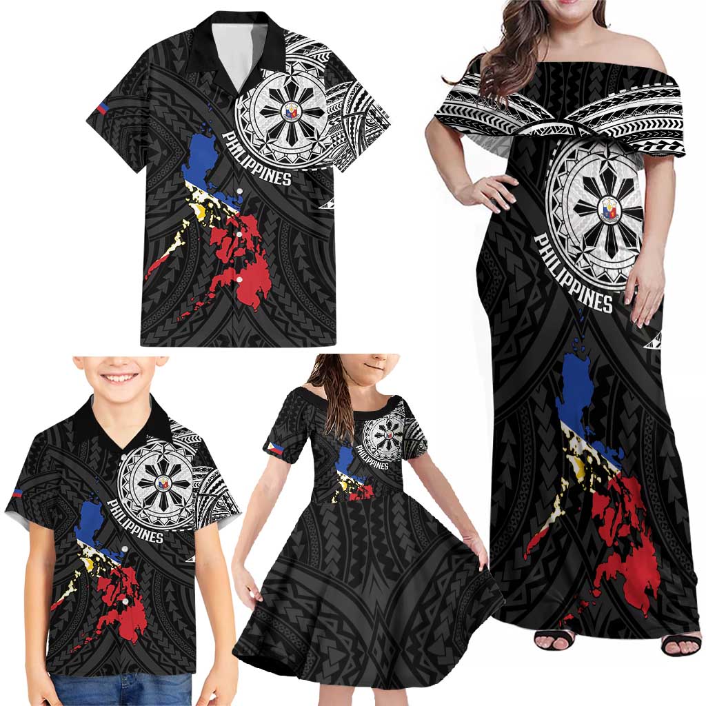 Philippines Strong Family Matching Off Shoulder Maxi Dress and Hawaiian Shirt Filipino Map Polynesian Tattoo - Polynesian Pride
