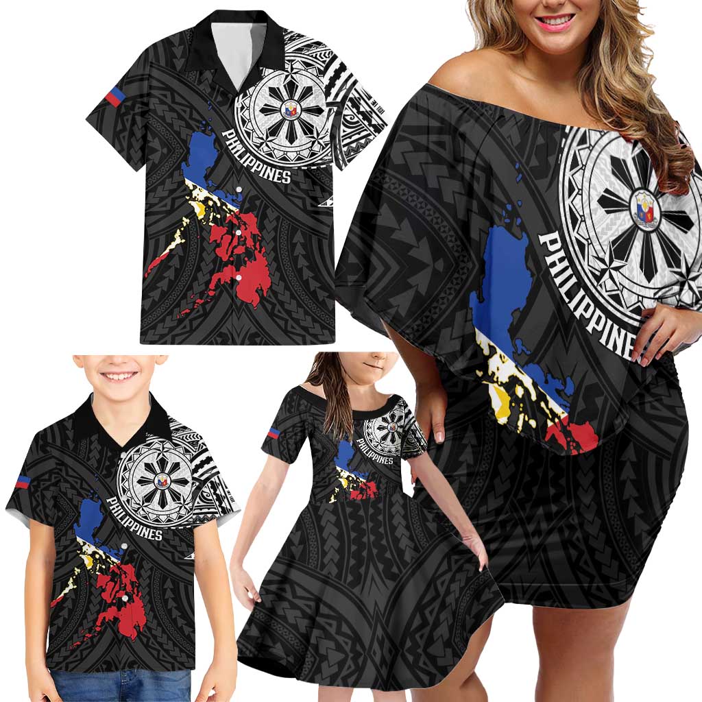 Philippines Strong Family Matching Off Shoulder Short Dress and Hawaiian Shirt Filipino Map Polynesian Tattoo LT14 - Polynesian Pride