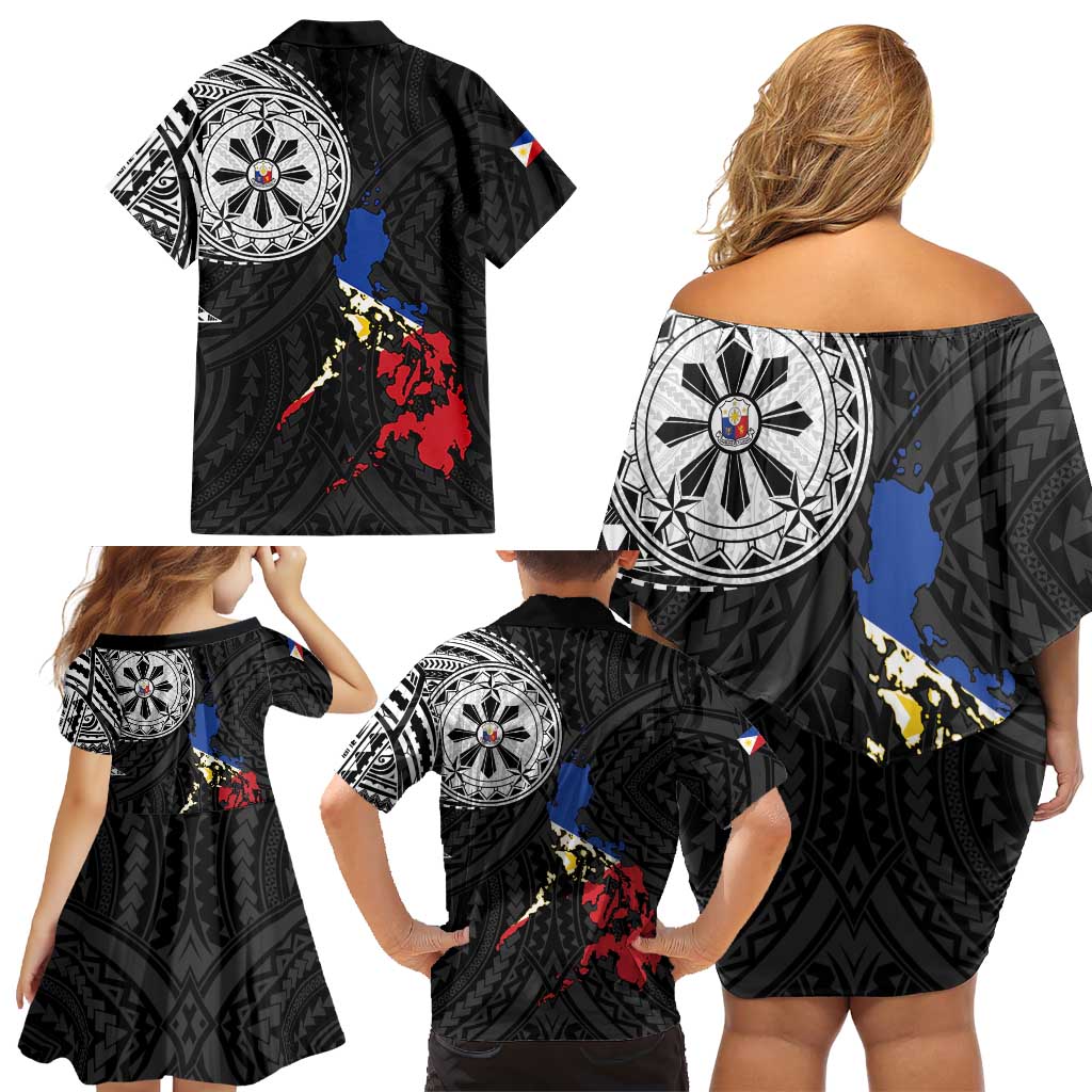 Philippines Strong Family Matching Off Shoulder Short Dress and Hawaiian Shirt Filipino Map Polynesian Tattoo LT14 - Polynesian Pride