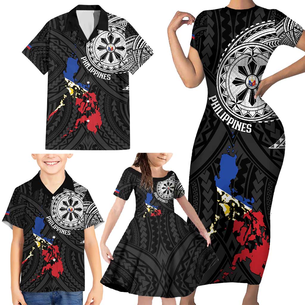 Philippines Strong Family Matching Short Sleeve Bodycon Dress and Hawaiian Shirt Filipino Map Polynesian Tattoo - Polynesian Pride