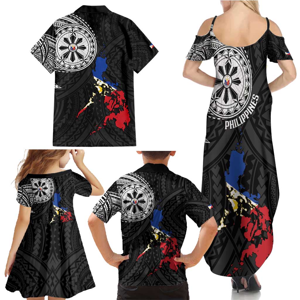 Philippines Strong Family Matching Summer Maxi Dress and Hawaiian Shirt Filipino Map Polynesian Tattoo - Polynesian Pride