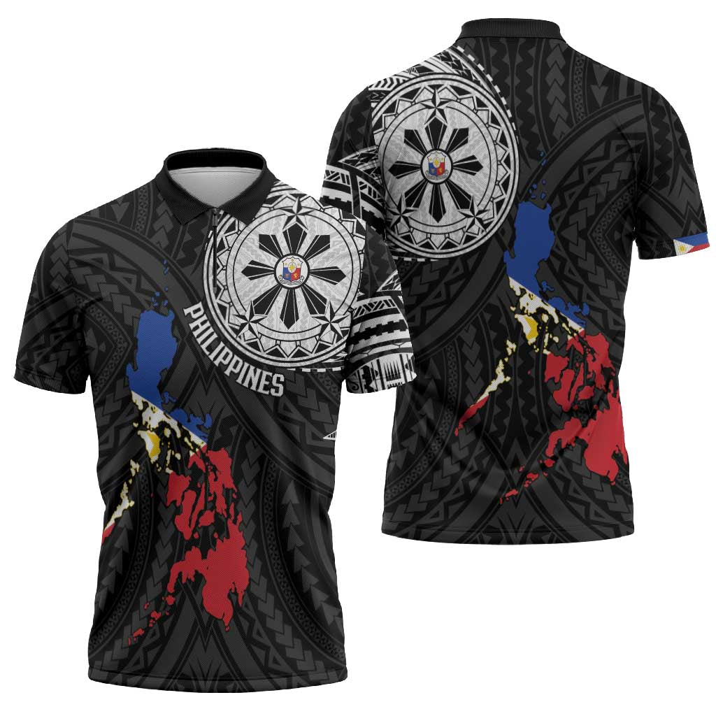 Philippines Strong Zipper Polo Shirt Filipino Map Polynesian Tattoo - Polynesian Pride