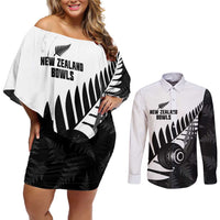 New Zealand Lawn Bowls Custom Couples Matching Off Shoulder Short Dress and Long Sleeve Button Shirt Aotearoa Silver Fern - Polynesian Pride