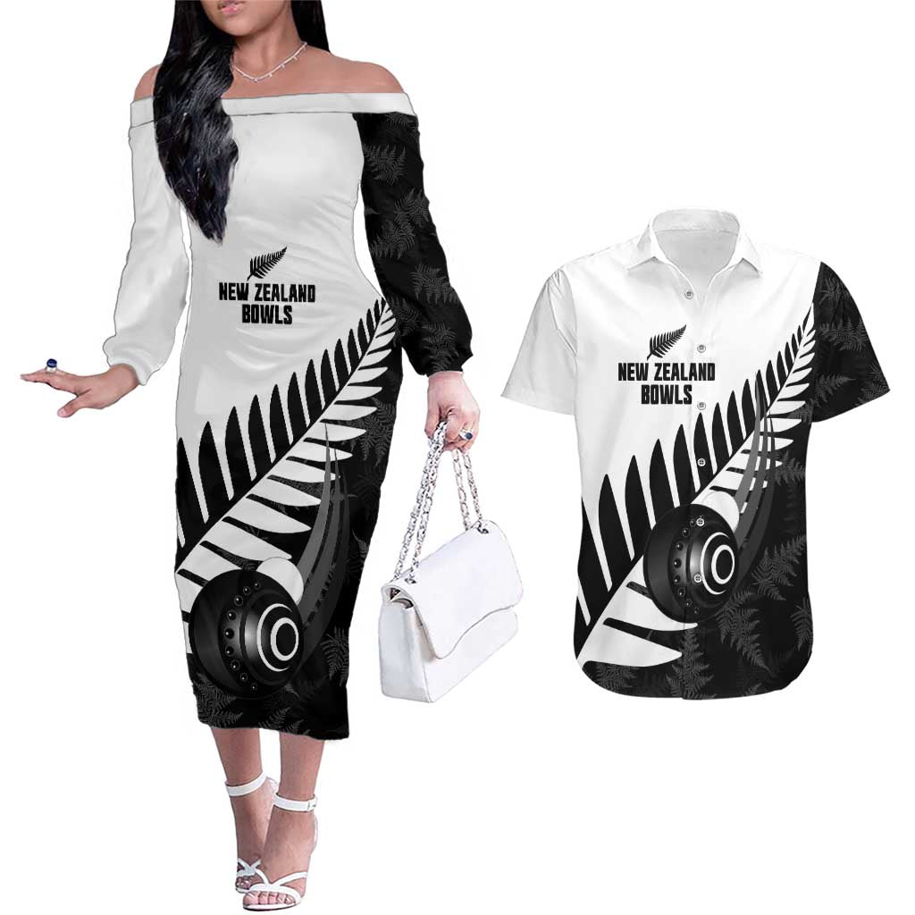 New Zealand Lawn Bowls Custom Couples Matching Off The Shoulder Long Sleeve Dress and Hawaiian Shirt Aotearoa Silver Fern - Polynesian Pride