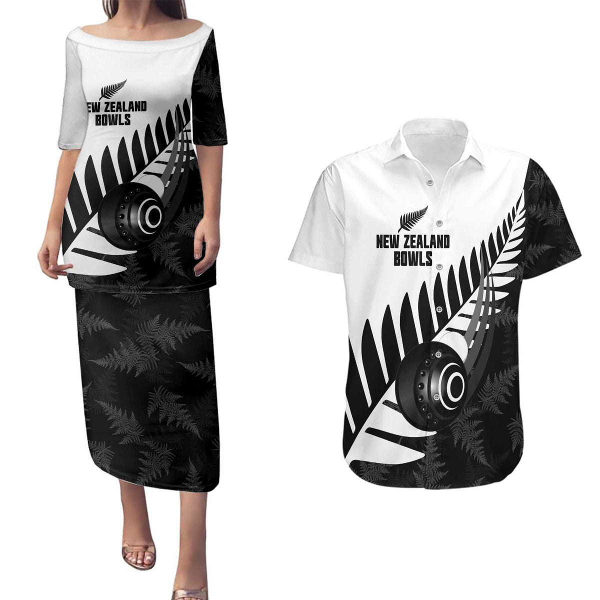 New Zealand Lawn Bowls Custom Couples Matching Puletasi and Hawaiian Shirt Aotearoa Silver Fern - Polynesian Pride