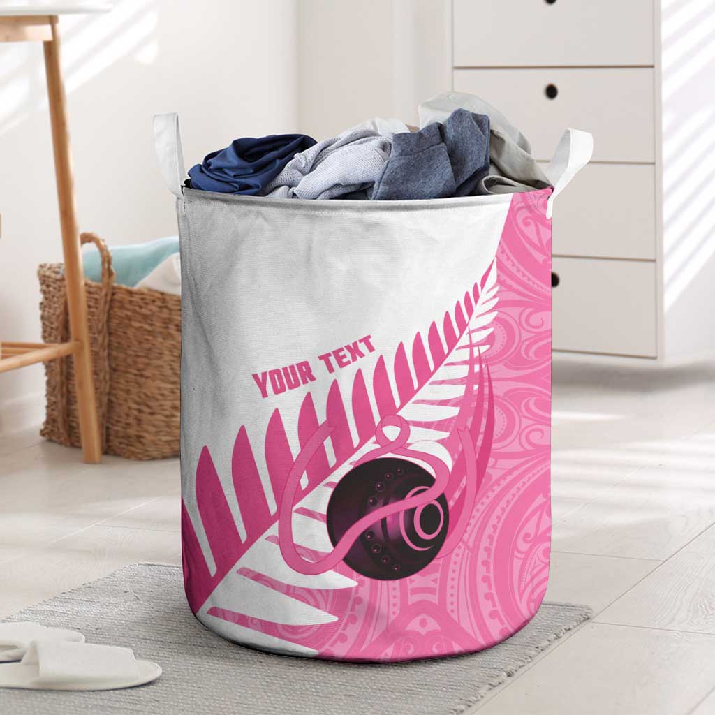 New Zealand Lawn Bowls Breast Cancer Custom Laundry Basket Aotearoa Maori Silver Fern Pink Ribbon - Polynesian Pride