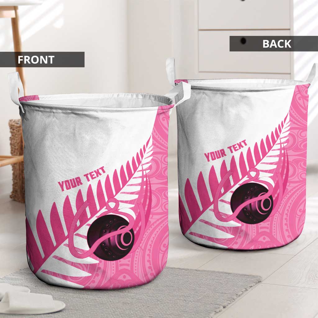New Zealand Lawn Bowls Breast Cancer Custom Laundry Basket Aotearoa Maori Silver Fern Pink Ribbon - Polynesian Pride