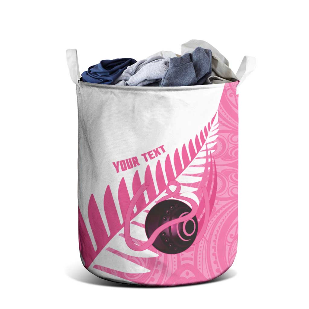 New Zealand Lawn Bowls Breast Cancer Custom Laundry Basket Aotearoa Maori Silver Fern Pink Ribbon - Polynesian Pride