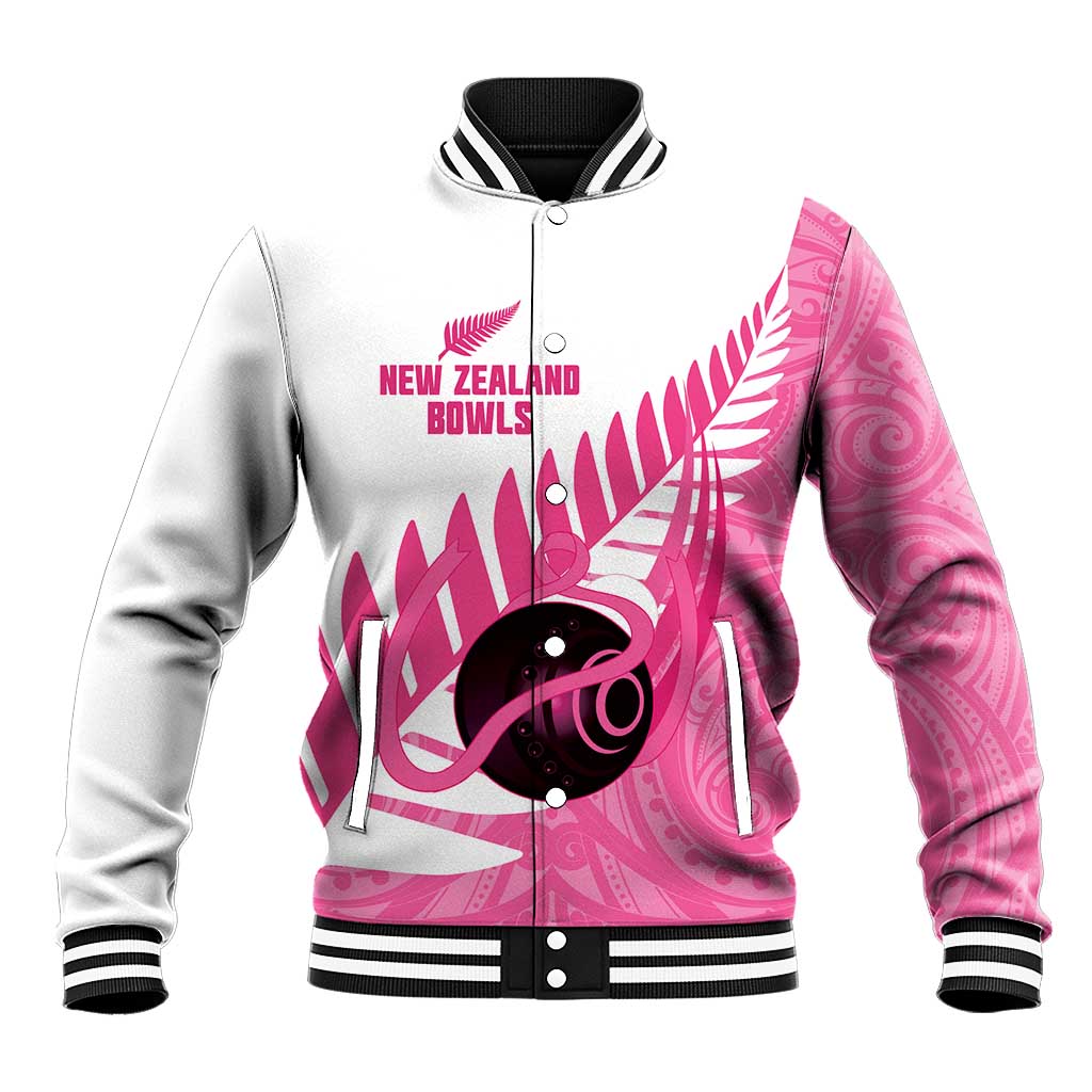 New Zealand Lawn Bowls Breast Cancer Custom Baseball Jacket Aotearoa Maori Silver Fern Pink Ribbon LT14 Unisex Pink - Polynesian Pride