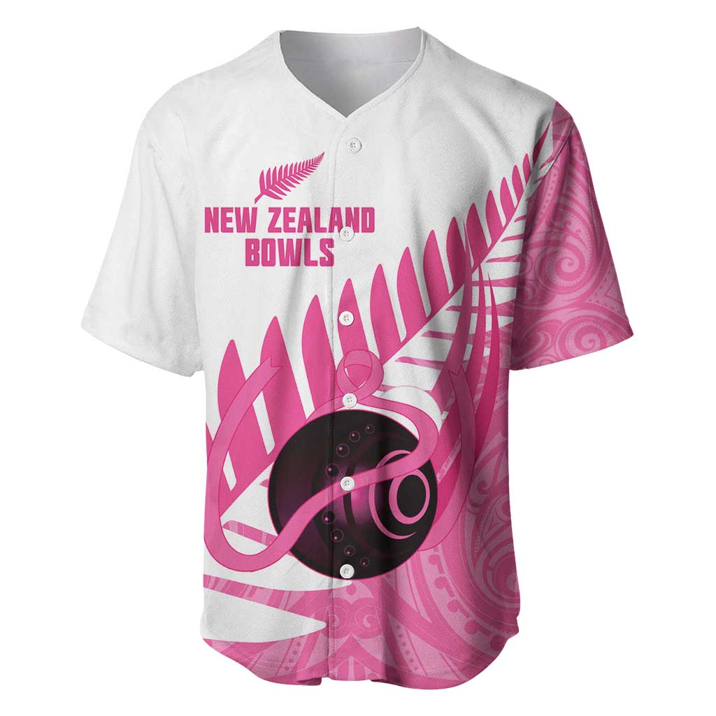 New Zealand Lawn Bowls Breast Cancer Custom Baseball Jersey Aotearoa Maori Silver Fern Pink Ribbon - Polynesian Pride