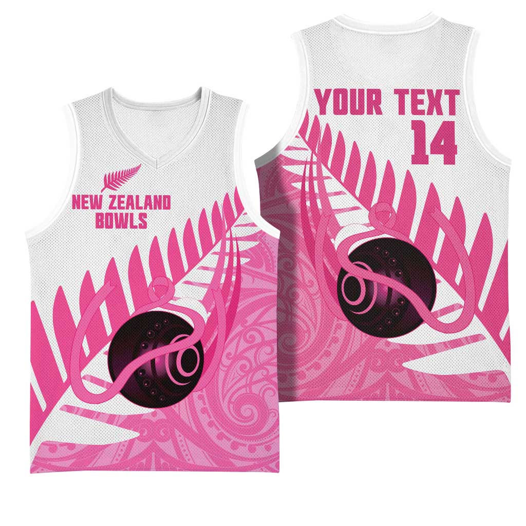 New Zealand Lawn Bowls Breast Cancer Custom Basketball Jersey Aotearoa Maori Silver Fern Pink Ribbon LT14 - Polynesian Pride