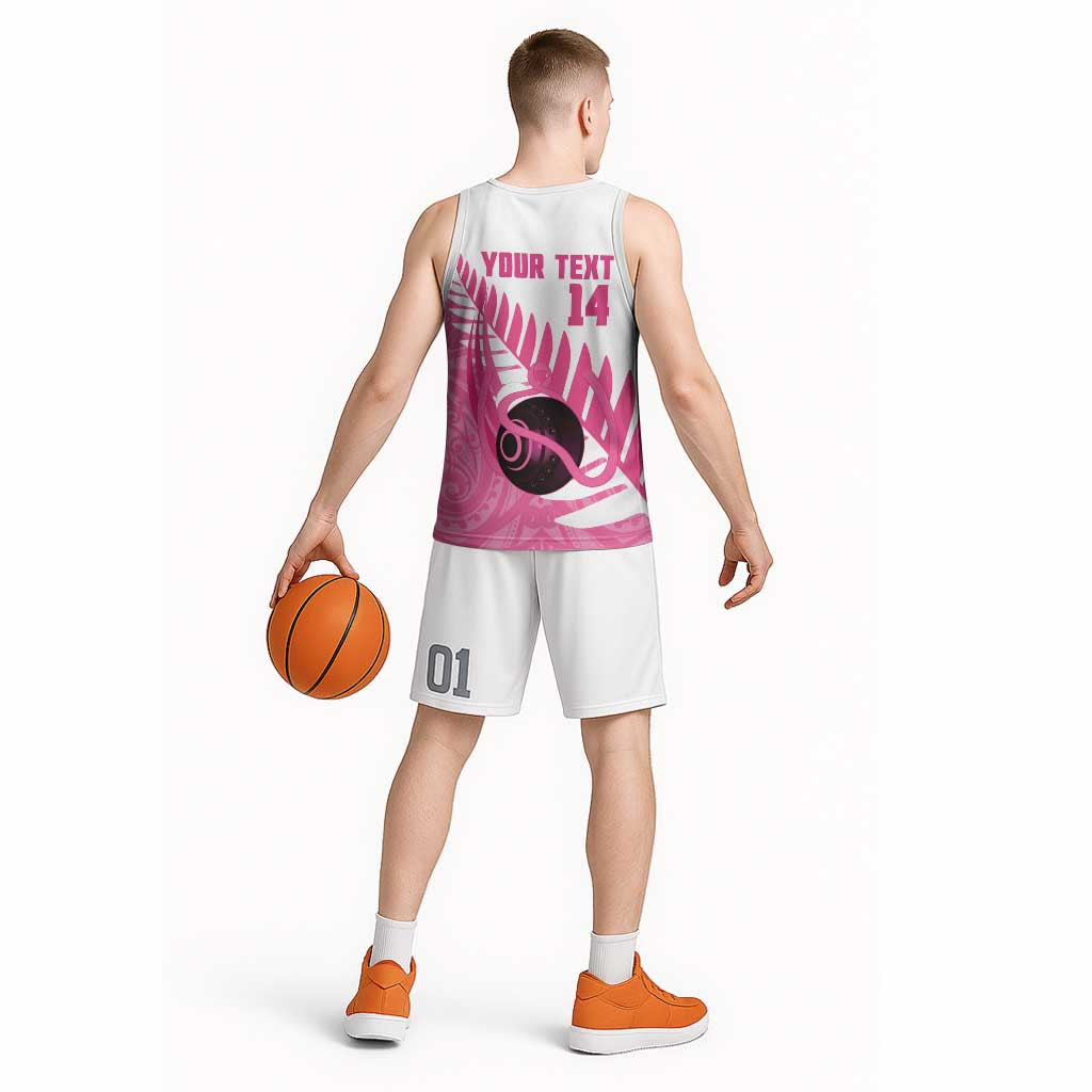 New Zealand Lawn Bowls Breast Cancer Custom Basketball Jersey Aotearoa Maori Silver Fern Pink Ribbon LT14 - Polynesian Pride