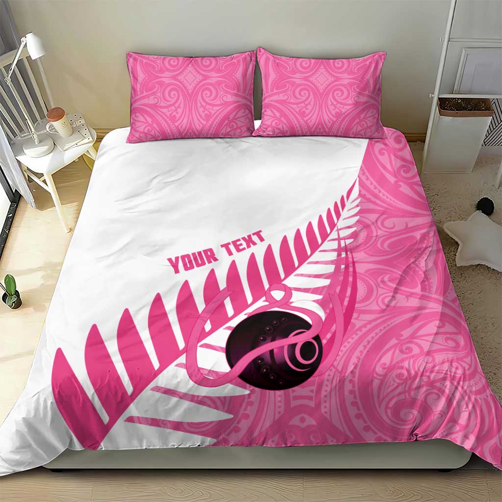 New Zealand Lawn Bowls Breast Cancer Custom Bedding Set Aotearoa Maori Silver Fern Pink Ribbon - Polynesian Pride