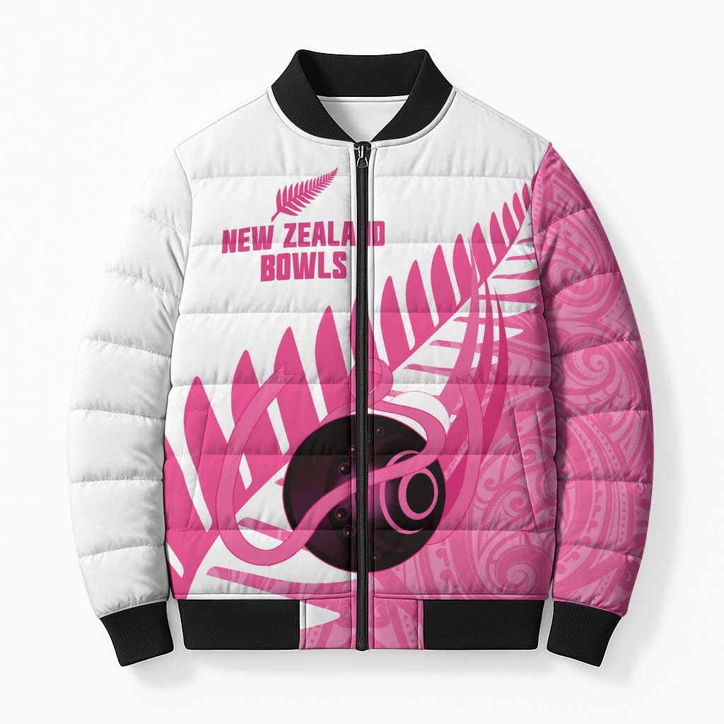 New Zealand Lawn Bowls Breast Cancer Custom Bomber Puffer Jacket Aotearoa Maori Silver Fern Pink Ribbon LT14 Unisex Pink - Polynesian Pride