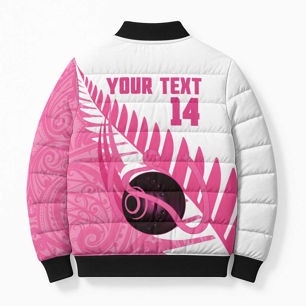 New Zealand Lawn Bowls Breast Cancer Custom Bomber Puffer Jacket Aotearoa Maori Silver Fern Pink Ribbon LT14 - Polynesian Pride
