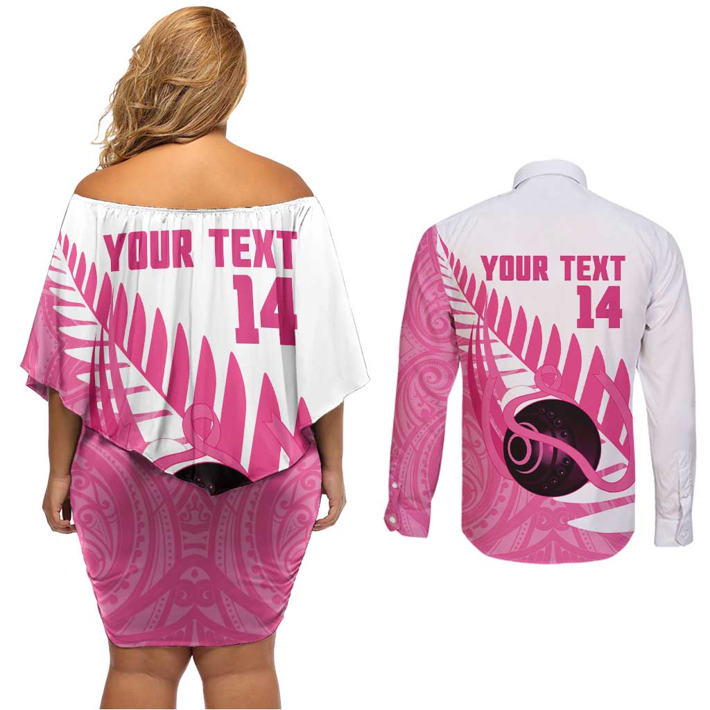 New Zealand Lawn Bowls Breast Cancer Custom Couples Matching Off Shoulder Short Dress and Long Sleeve Button Shirt Aotearoa Maori Silver Fern Pink Ribbon - Polynesian Pride