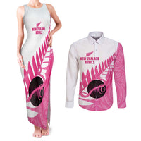 New Zealand Lawn Bowls Breast Cancer Custom Couples Matching Tank Maxi Dress and Long Sleeve Button Shirt Aotearoa Maori Silver Fern Pink Ribbon - Polynesian Pride