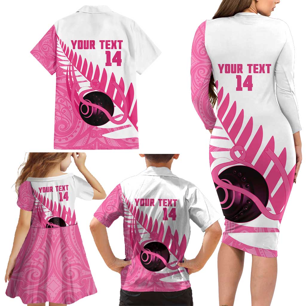 New Zealand Lawn Bowls Breast Cancer Custom Family Matching Long Sleeve Bodycon Dress and Hawaiian Shirt Aotearoa Maori Silver Fern Pink Ribbon - Polynesian Pride