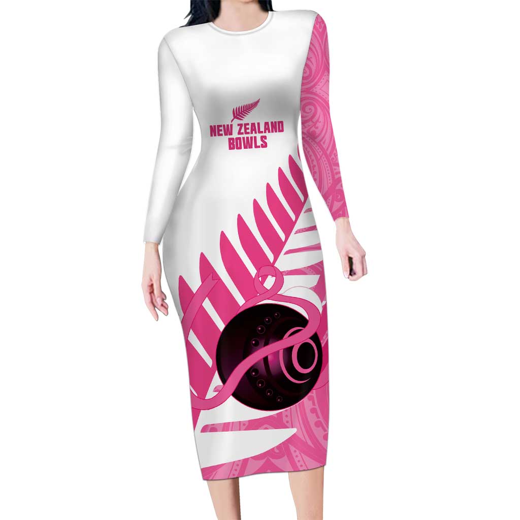 New Zealand Lawn Bowls Breast Cancer Custom Family Matching Long Sleeve Bodycon Dress and Hawaiian Shirt Aotearoa Maori Silver Fern Pink Ribbon - Polynesian Pride