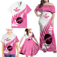 New Zealand Lawn Bowls Breast Cancer Custom Family Matching Off Shoulder Maxi Dress and Hawaiian Shirt Aotearoa Maori Silver Fern Pink Ribbon - Polynesian Pride