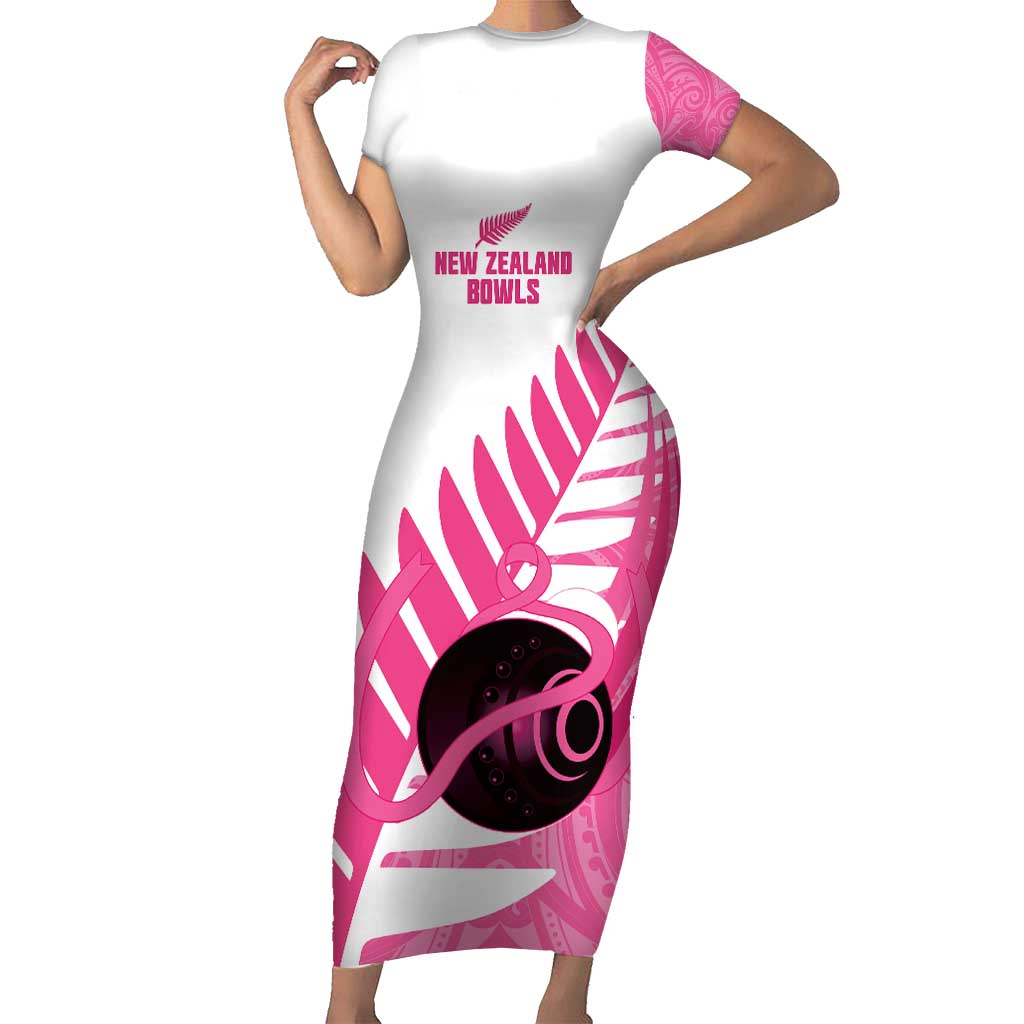 New Zealand Lawn Bowls Breast Cancer Custom Family Matching Short Sleeve Bodycon Dress and Hawaiian Shirt Aotearoa Maori Silver Fern Pink Ribbon - Polynesian Pride