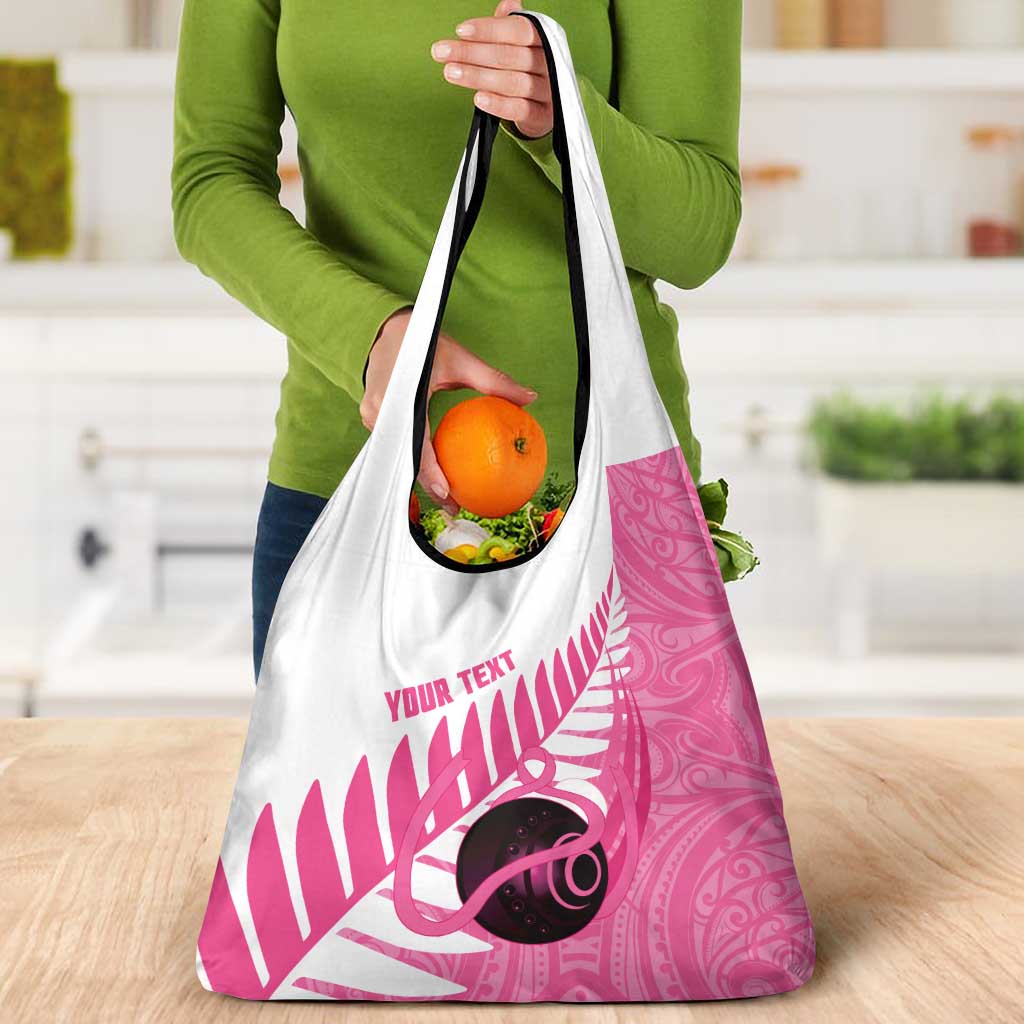New Zealand Lawn Bowls Breast Cancer Custom Grocery Bag Aotearoa Maori Silver Fern Pink Ribbon - Polynesian Pride