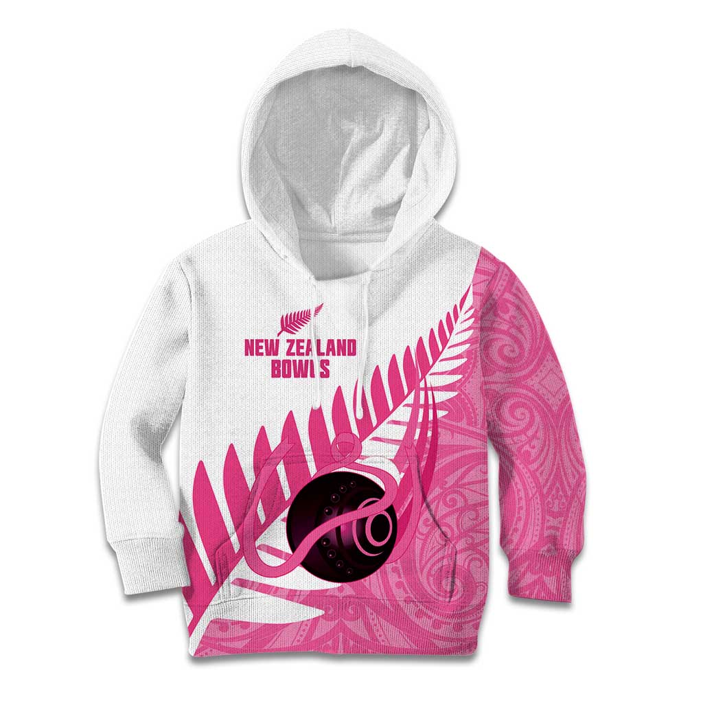 New Zealand Lawn Bowls Breast Cancer Custom Kid Hoodie Aotearoa Maori Silver Fern Pink Ribbon - Polynesian Pride