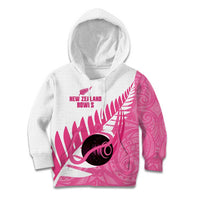 New Zealand Lawn Bowls Breast Cancer Custom Kid Hoodie Aotearoa Maori Silver Fern Pink Ribbon - Polynesian Pride