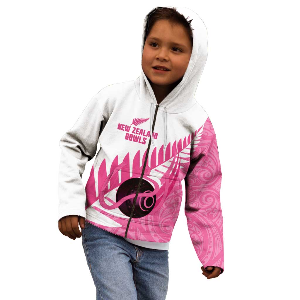 New Zealand Lawn Bowls Breast Cancer Custom Kid Hoodie Aotearoa Maori Silver Fern Pink Ribbon - Polynesian Pride